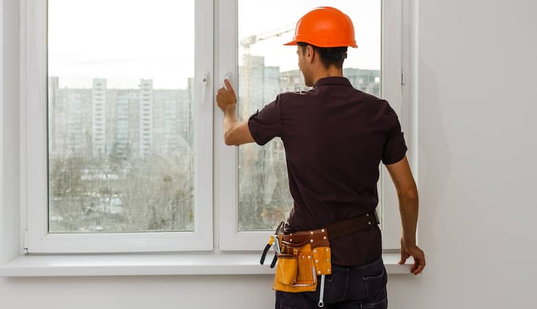 carpenter repairing window frames, home is being updated to be sold