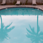 Piscine ouverte avec des palmiers qui se reflètent dans l'eau