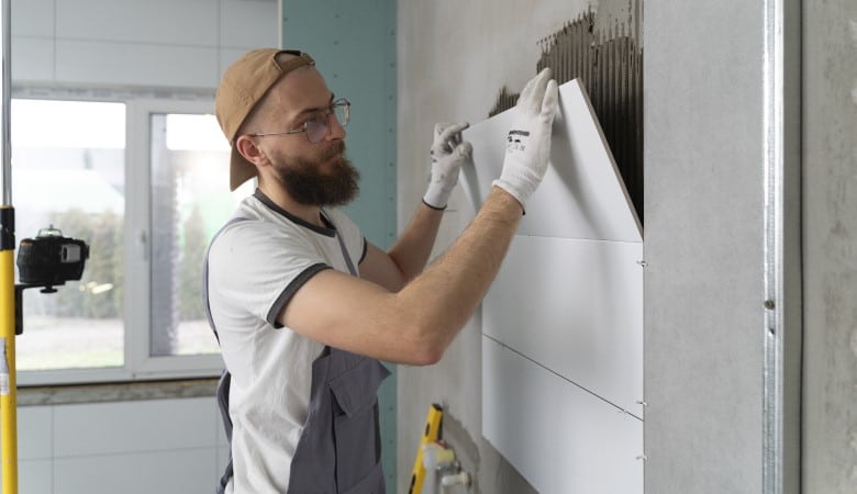 Un homme en train d'isoler un mur