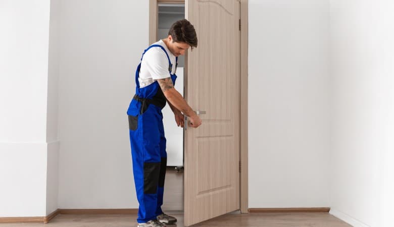 Un homme en train de changer la serrure d'une porte.