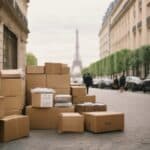 Des cartons de déménagement au pied d'un immeuble, en arrière-plan il y a la Tour Effeil.