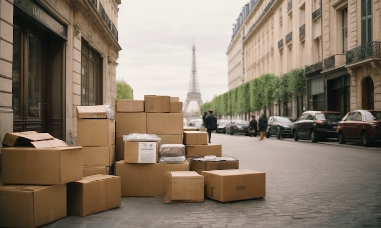 Des cartons de déménagement au pied d'un immeuble, en arrière-plan il y a la Tour Effeil.