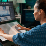 Une femme architecte travaille sur un plan de construction à l'aide d'un équipement de technologie moderne, d'un écran tactile ou d'un écran d'ordinateur. Ingénieur concevant une esquisse virtuelle pour une construction futuriste.