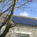 En premier plan, des branches d'arbres. En second plan, des panneaux photovoltaïques sur une toiture.