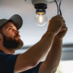 Un homme qui installe des ampoules au plafond