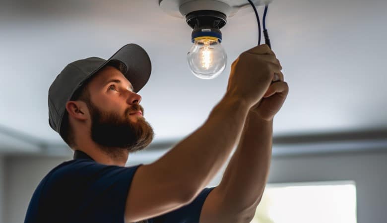 Un homme qui installe des ampoules au plafond