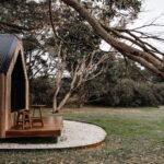 un chalet en bois dans une étendue d'herbe avec des arbres.