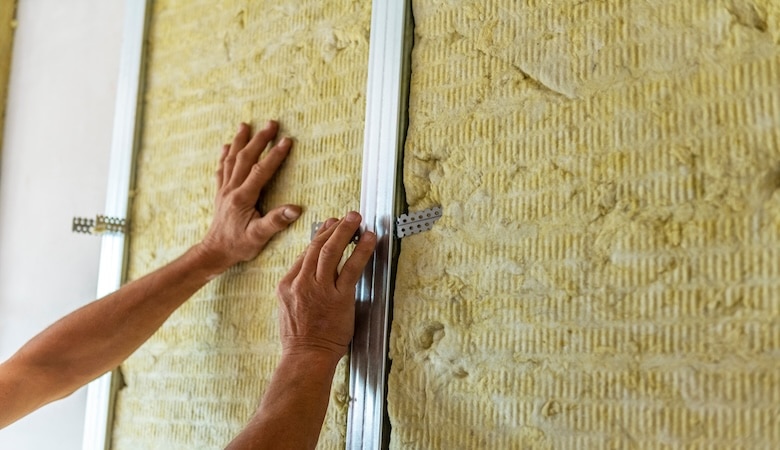 Un employé en train d'isoler un mur.