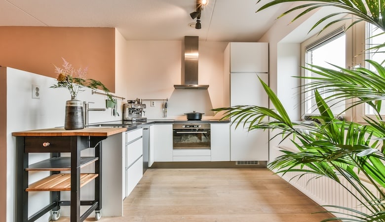 Cuisine spacieuse aux tons chauds.