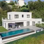 Vu d'en haut d'une belle maison avec piscine.