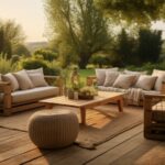Terrasse en bois avec mobilier de patio et végétation