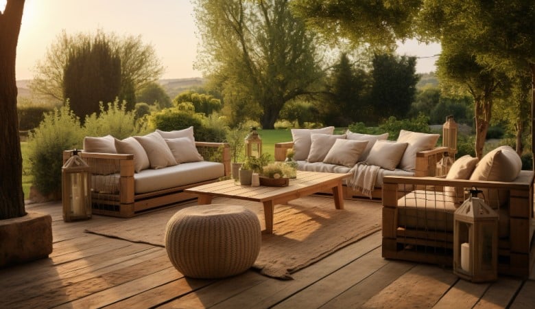 Terrasse en bois avec mobilier de patio et végétation