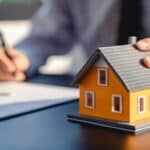 Une maison fictive représentant la vente d'une maison. En arrière-plan, un monsieur signant un contrat.