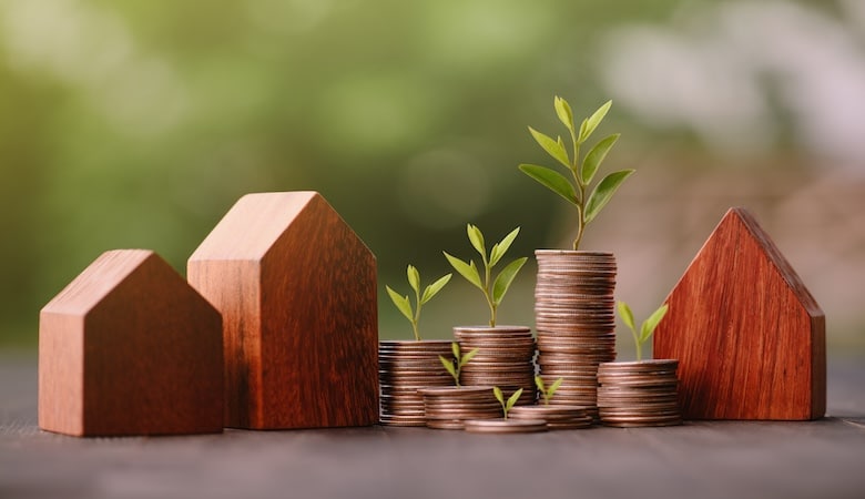 Petites maisons fictives avec des tas de centimes à côté.