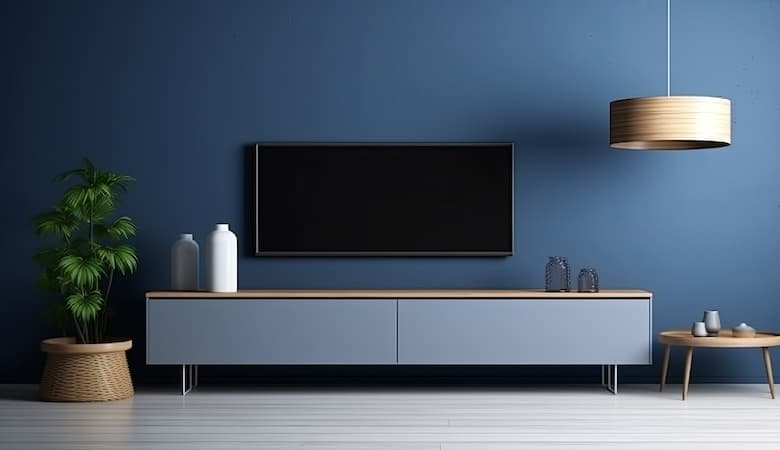 Un salon avec une TV et un meuble TV.