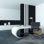 Intérieur moderne avec bureau et chaise.