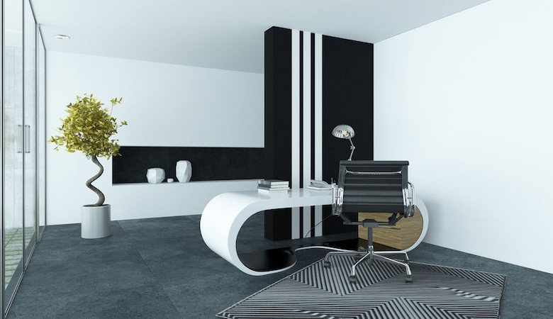 Intérieur moderne avec bureau et chaise.