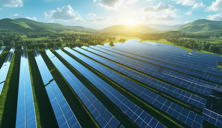 Un terrain avec des panneaux solaires.