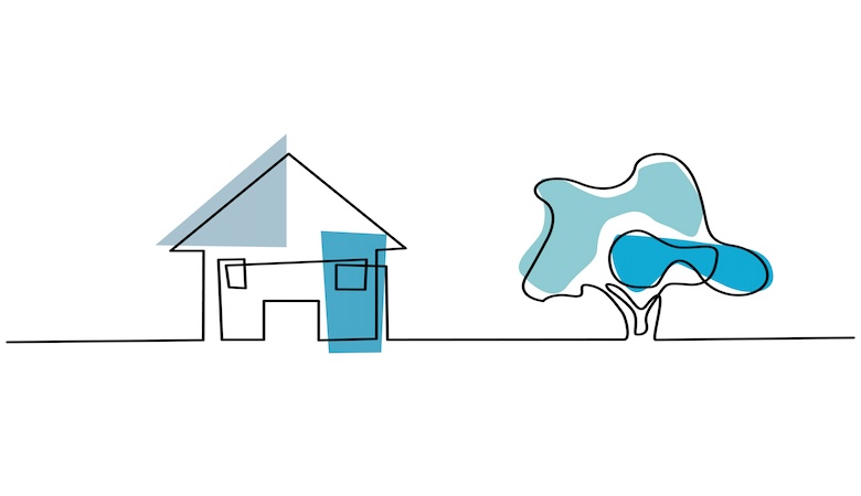 Un dessin représentant une maison et un arbre.