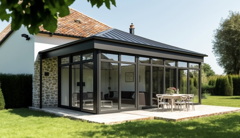 véranda aluminium une extension moderne de maison vue de l'extérieur sur la veranda