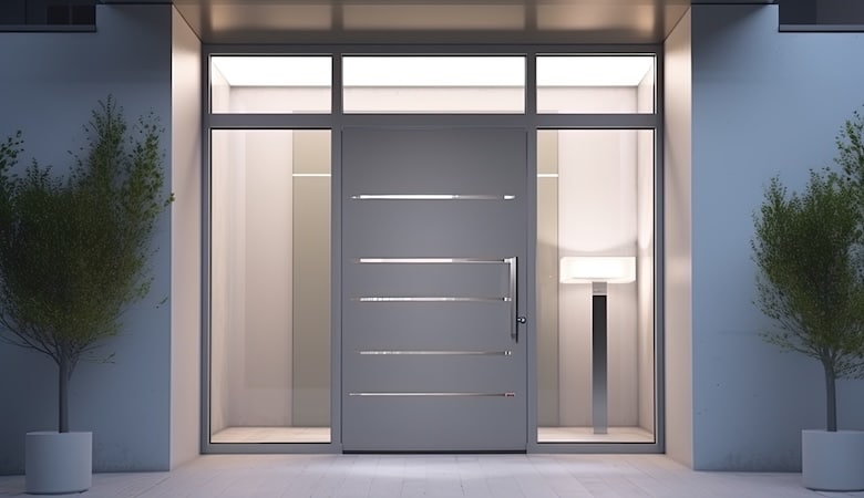 aluminum modern entrance to a luxury house where the door is alsó remarkable. generative ai technology