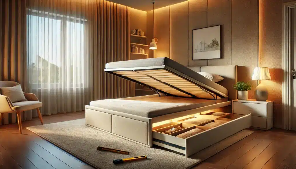 vue sur une chambre moderne avec un lit coffre ouvert
