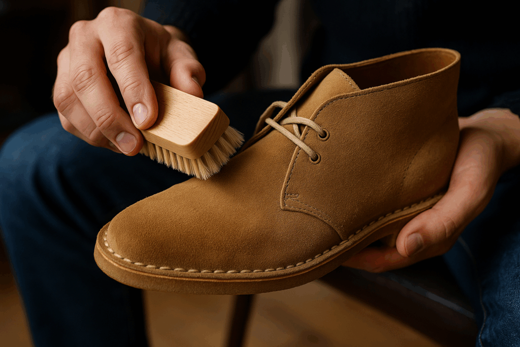 Main brossant une chaussure en daim marron clair avec une brosse en bois.
