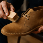 Main brossant une chaussure en daim marron clair avec une brosse en bois.