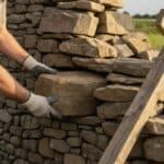 Mur en pierre qui penche consolidé avec contrefort et tirants d’ancrage
