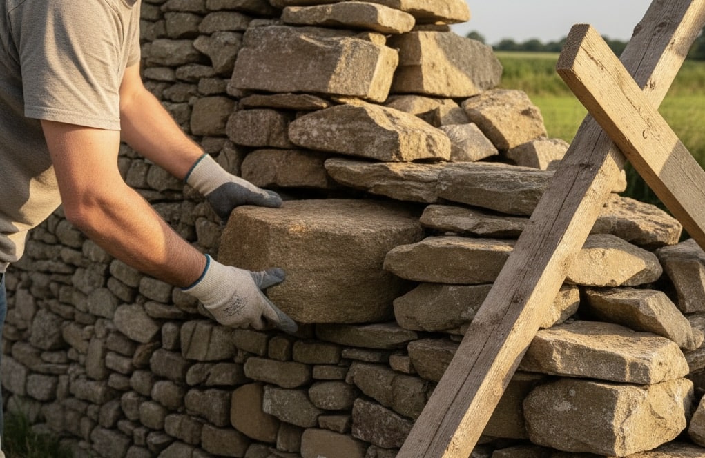 Mur en pierre qui penche consolidé avec contrefort et tirants d’ancrage