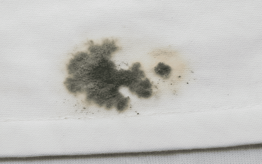 Personne nettoyant une tache de moisissure sur un vêtement avec du vinaigre blanc.