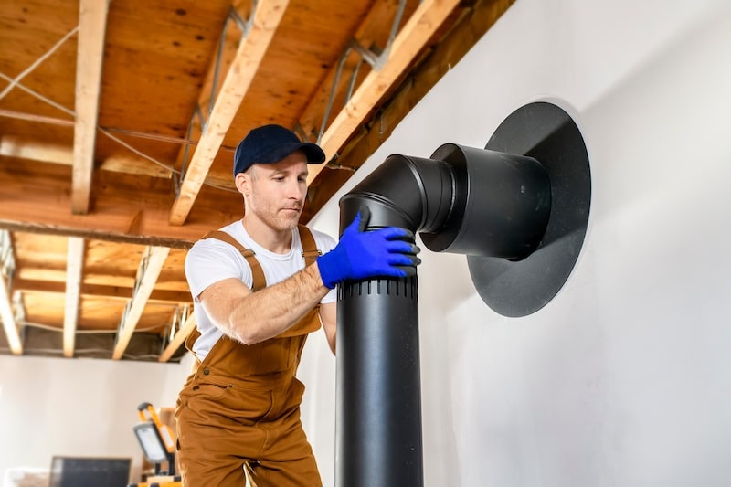 male worker preparing a chimney installation for a modern, energy saving heating stove.