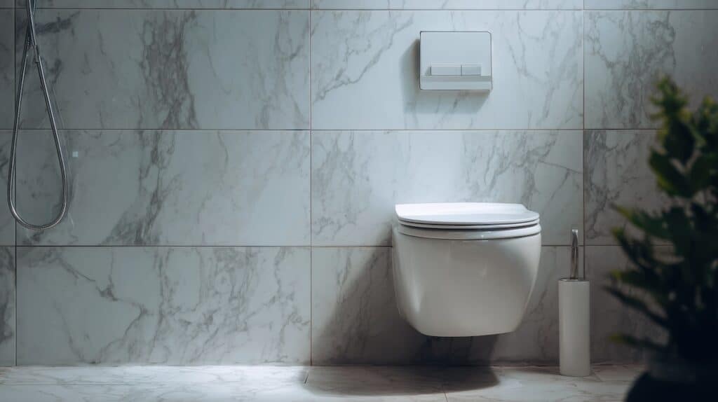 wall mounted or suspended toilet or wc in home bathroom with push button flush