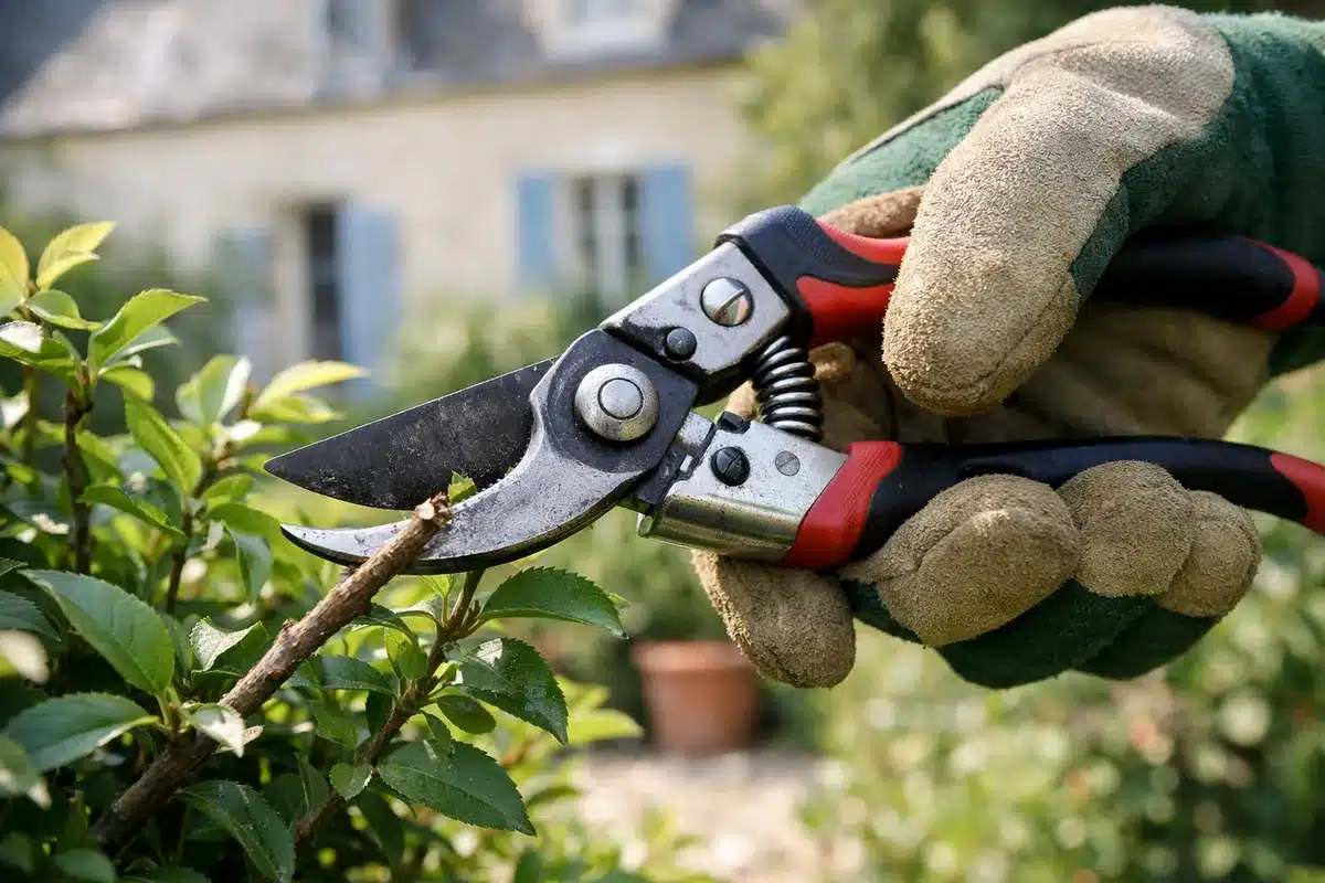 Sécateur et gants de jardinage utilisés pour tailler un arbuste