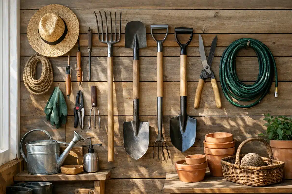 Outils de jardin propres rangés sur un mur de cabanon