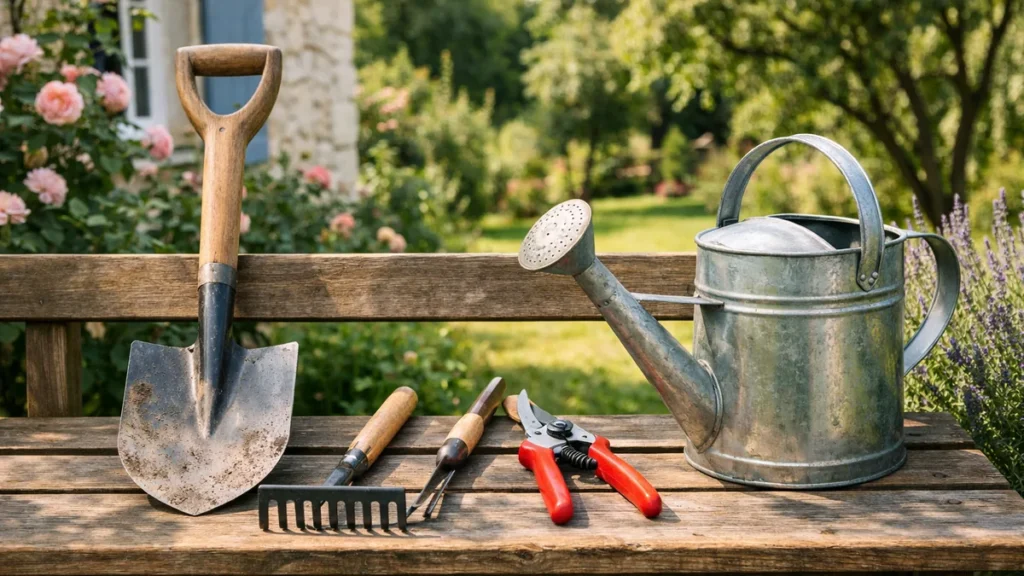 Outils de jardin essentiels posés sur un établi en bois dans un jardin