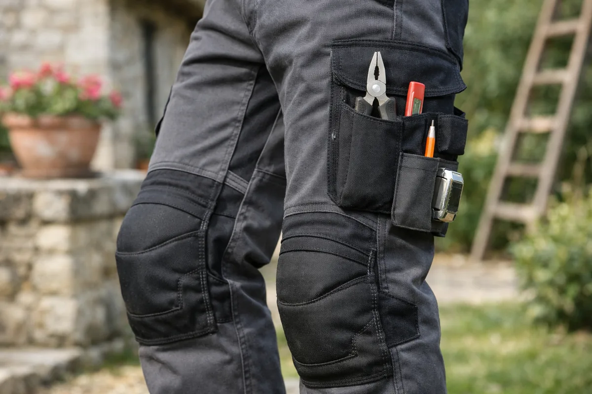Détail des poches et de la zone genoux renforcée d'un pantalon de travail