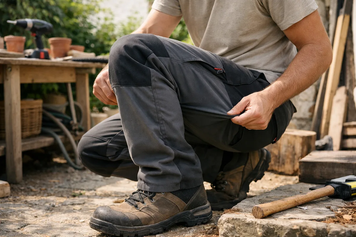 Pantalon de travail stretch en mouvement lors d'une flexion de jambe