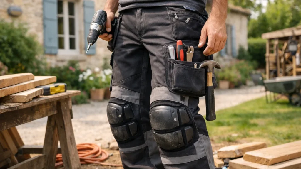 Artisan portant un pantalon de travail multipoches sur un chantier