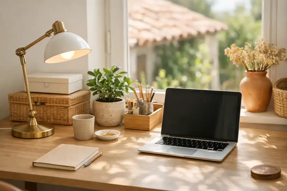 Bureau bien éclairé avec lampe, plante et rangements organisés