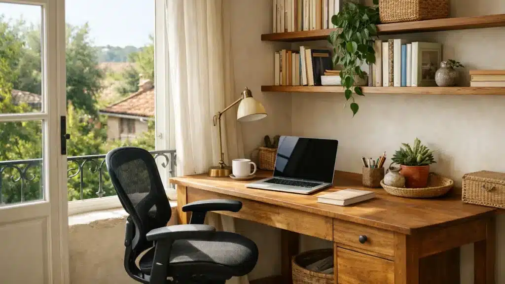 Coin bureau aménagé près d'une fenêtre avec étagères et chaise ergonomique