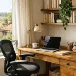 Coin bureau aménagé près d'une fenêtre avec étagères et chaise ergonomique