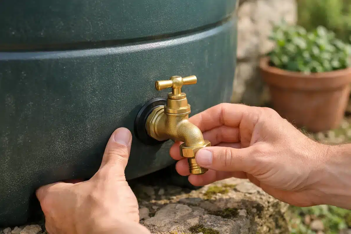 Pose du robinet à la base d'un récupérateur d'eau de pluie
