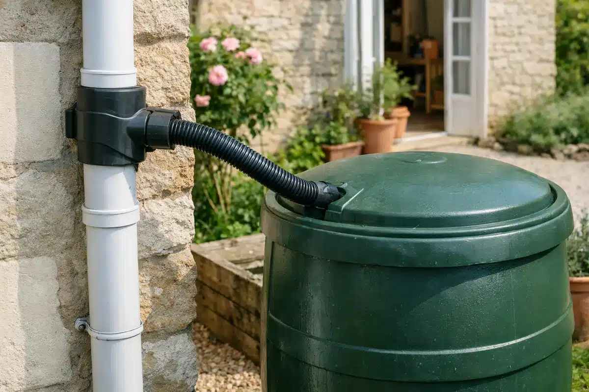 Collecteur de gouttière raccordé à une cuve de récupération d'eau de pluie