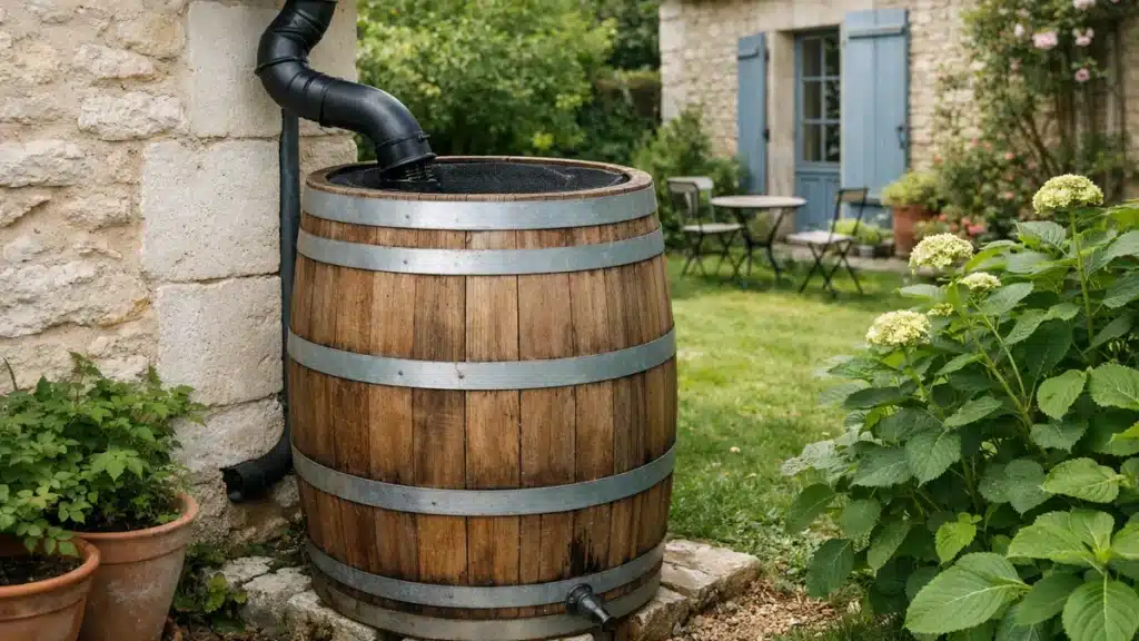 Récupérateur d'eau de pluie en bois raccordé à une gouttière dans un jardin