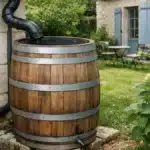 Récupérateur d'eau de pluie en bois raccordé à une gouttière dans un jardin