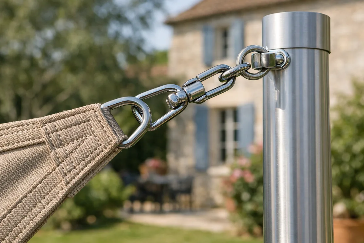 Fixation d'un coin de voile d'ombrage sur un mât en aluminium