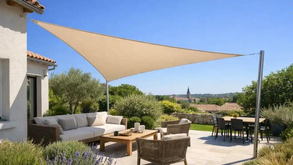 Voile d'ombrage triangulaire tendue au-dessus d'une terrasse ensoleillée