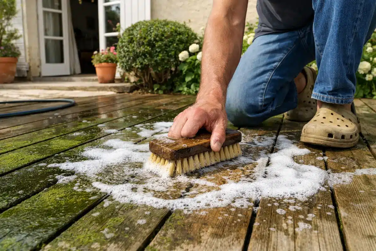 Brossage d'une terrasse en bois verdie avec une brosse et du savon