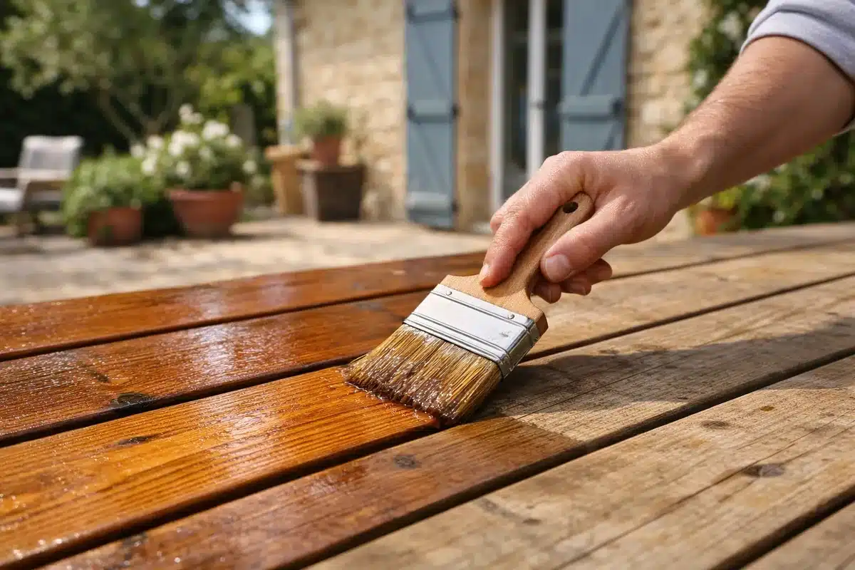 Application d'un saturateur au pinceau sur les lames d'une terrasse en bois
